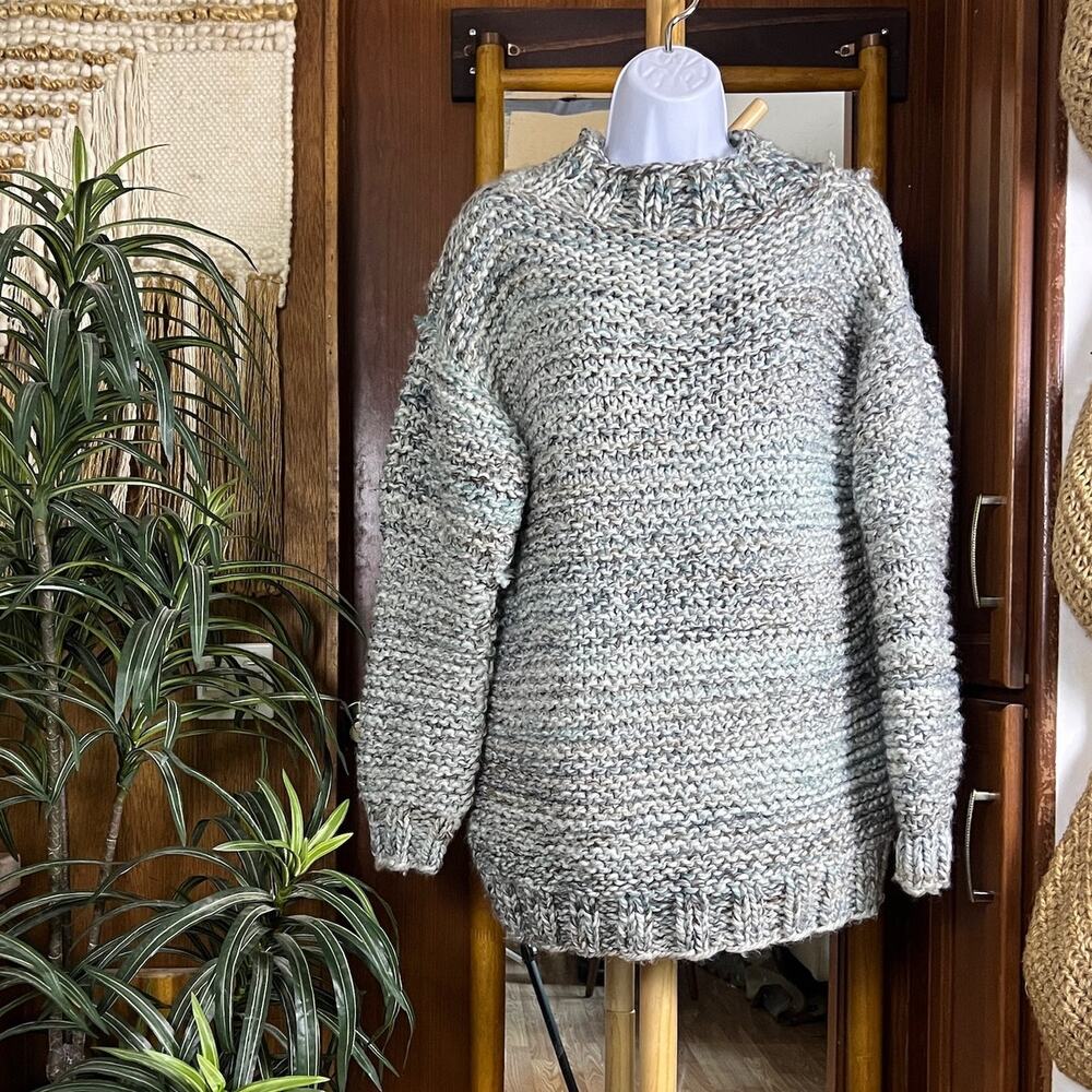 Hand Knit Chunky Sweater Womens L Sage Green Marled Mock Neck Fisherman Pullover